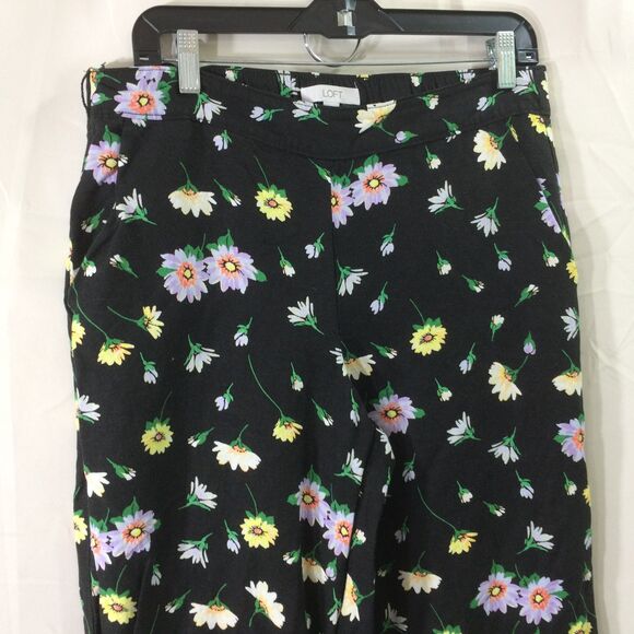 LOFT Wide Leg Pants Black Floral Linen Blend Pull On Summer Crop Elastic Waist M - Picture 4 of 5